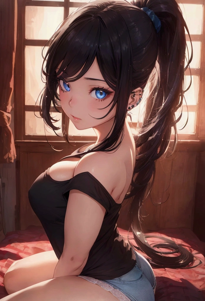 a beautiful girl with long black hair, piercing blue eyes, adult female body, sitting on the bed in a room, facing the camera, in a sexy pose, wearing hair ties, short shorts and a low-cut blouse that shows off her big breasts and ass, perky ass, ponytail (best quality, 4k, 8k, high resolution, masterpiece: 1.2), ultra-detailed, (realistic, photorealistic, photorealistic: 1.37), eyes and face extremely detailed, long eyelashes, detailed hair strands, detailed fabric textures, dramatic lighting, warm color palette