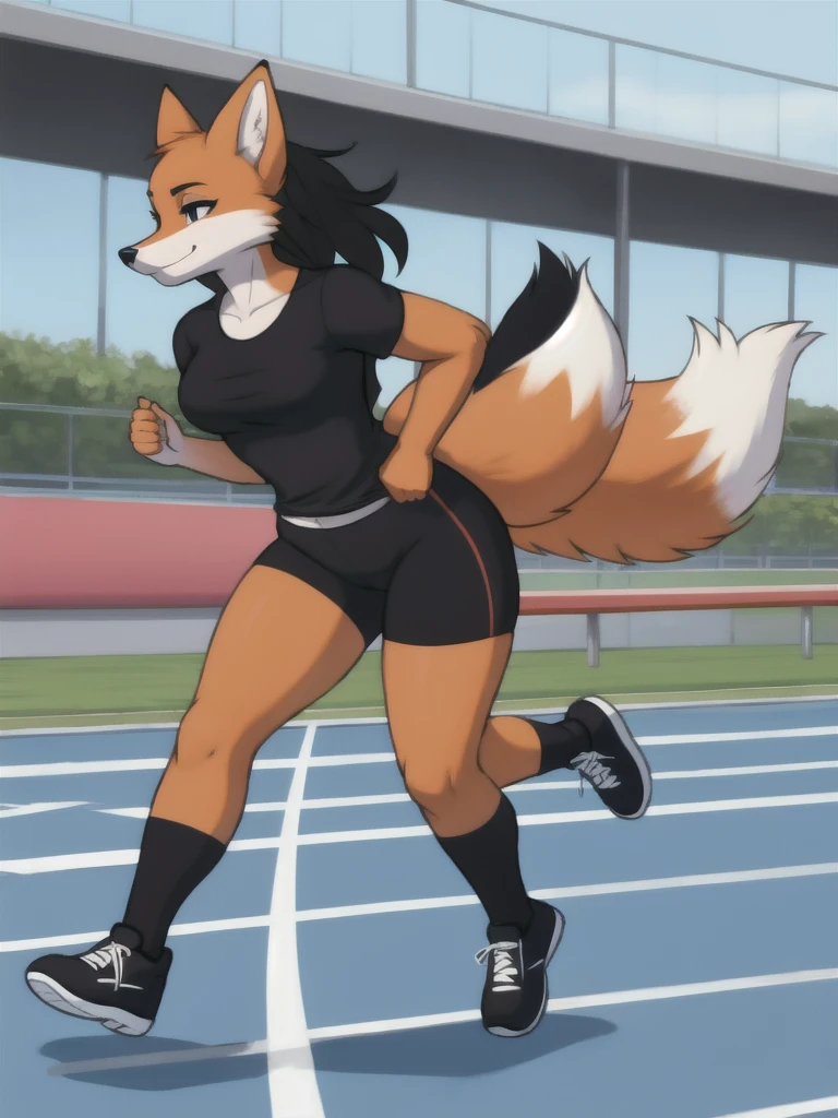 Furry, fox, female, black shirt, black leggings, shoes, running track, solo, full body