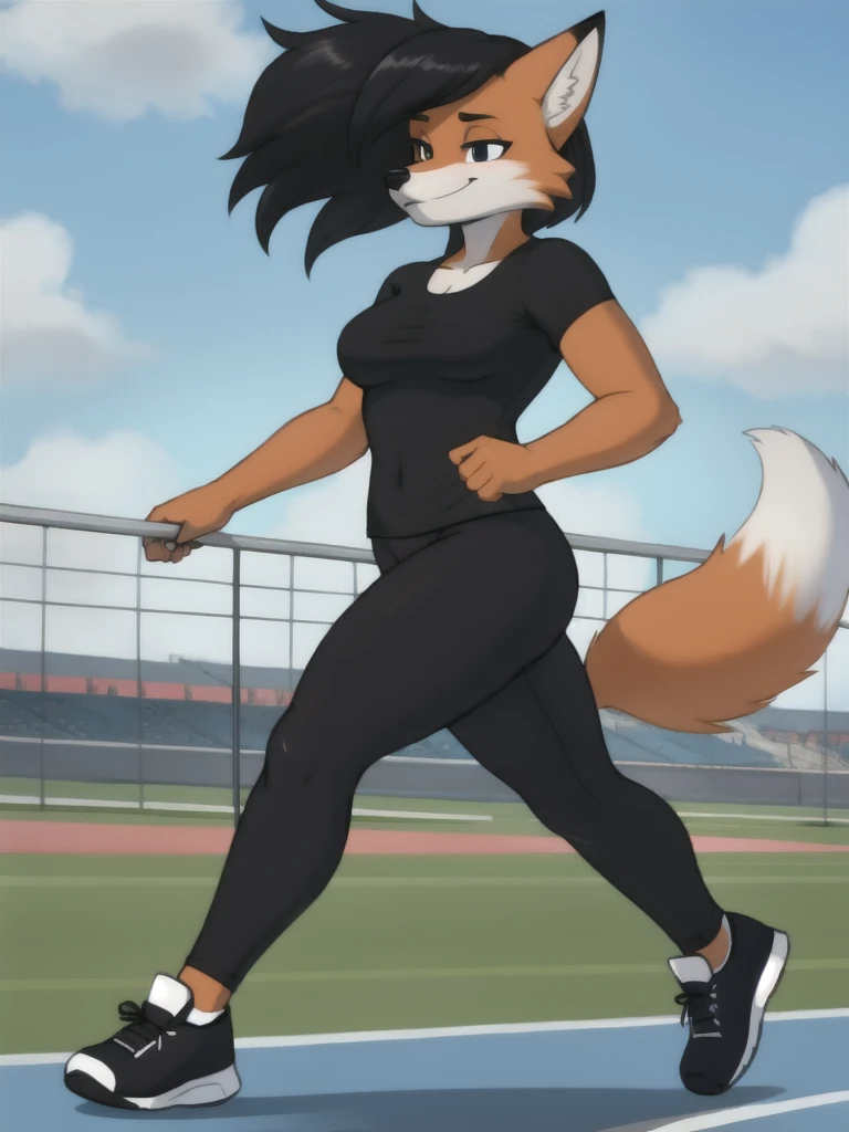 Furry, fox, female, black shirt, black leggings, shoes, running track, solo, full body