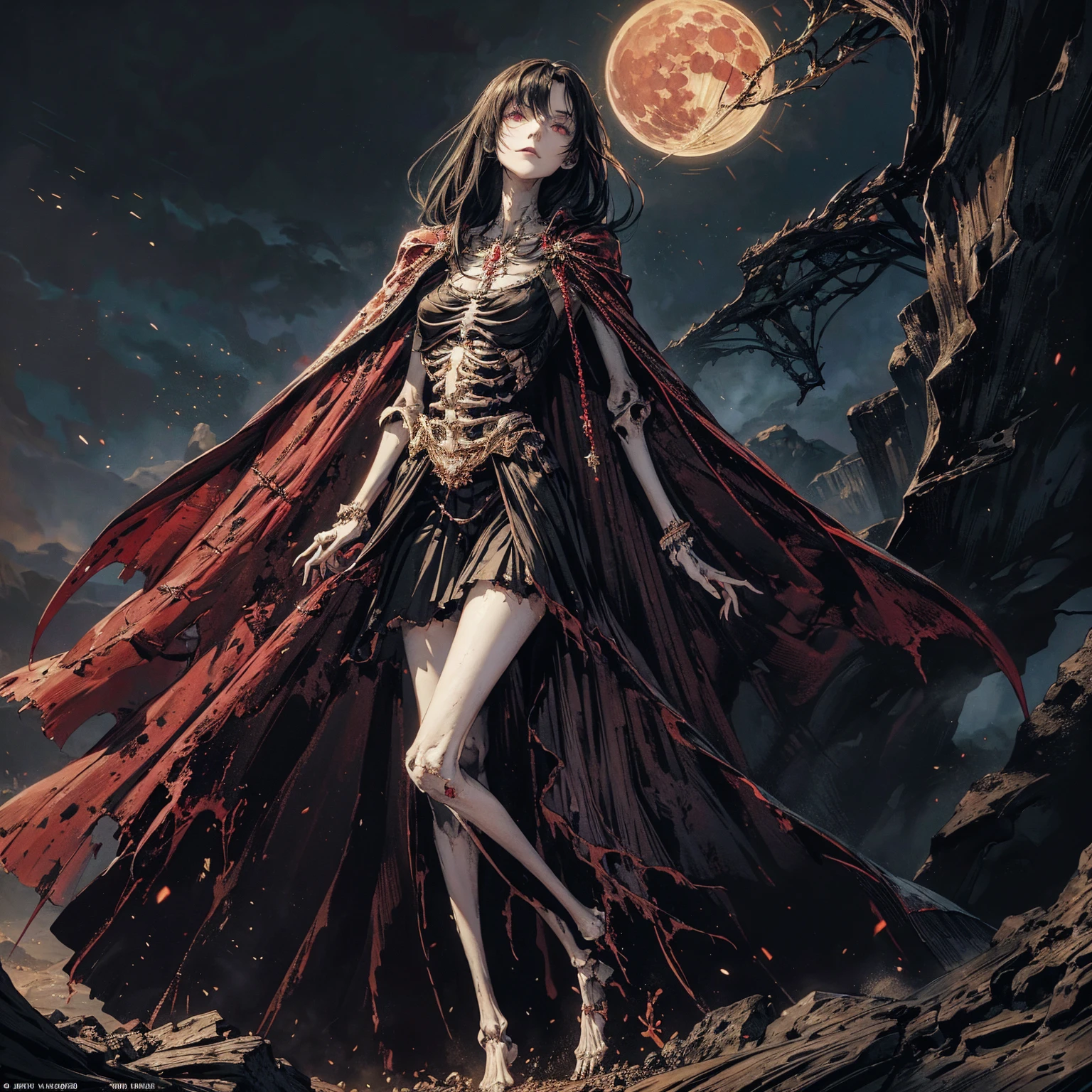 full-body shot, best quality, 4K, high resolution, masterpiece, Very detailed, Mood lighting, An undead girl in a long cape, Whole body including hands & arms & legs & feet are all skeleton bones but except the head is still beautiful human face, Wearing a ragged gothic skirt, Aloofness emotion, Dangerous sneer, Beautiful but mindless smile, Black Hair, Standing, Facing the camera, Crucified, Pitch black sky, Blood-red moon, strange atmosphere, Gothic style, Unforgettable beauty, Dramatic shadows, Ethereal Light, Mysterious atmosphere.