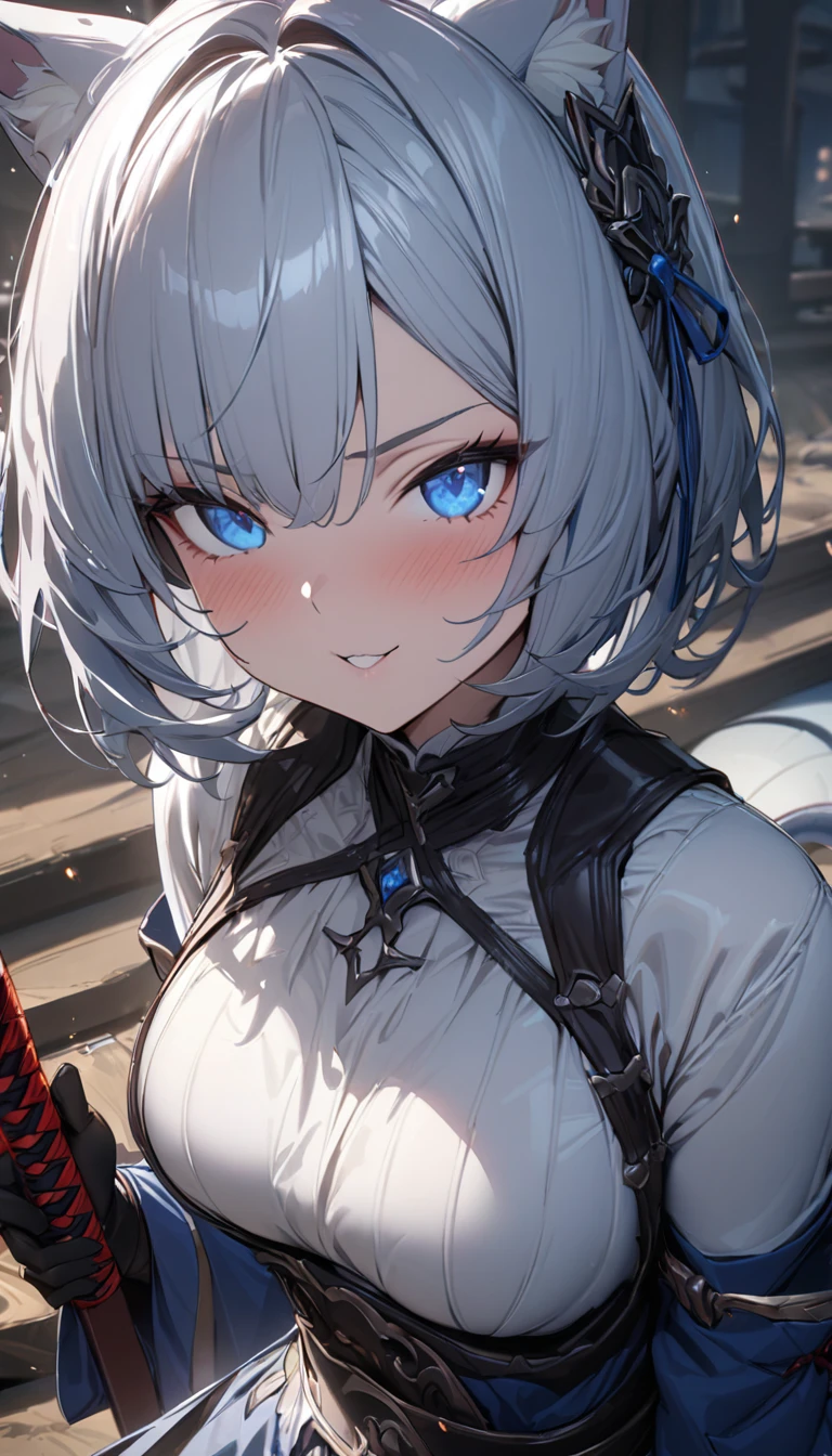 eel、Big eel、1girl、(((best quality)), ((masterpiece)), (details), masterpiece, best quality, high quality, ulutra detailed, perfect face, ((1girl, Blue eyes, cat ears: 1.3 silver bob hair: 2.5,))、Shiny Hair、Glowing Skin、Happy face、Lustful look、Crusade、Battle、Japanese sword、