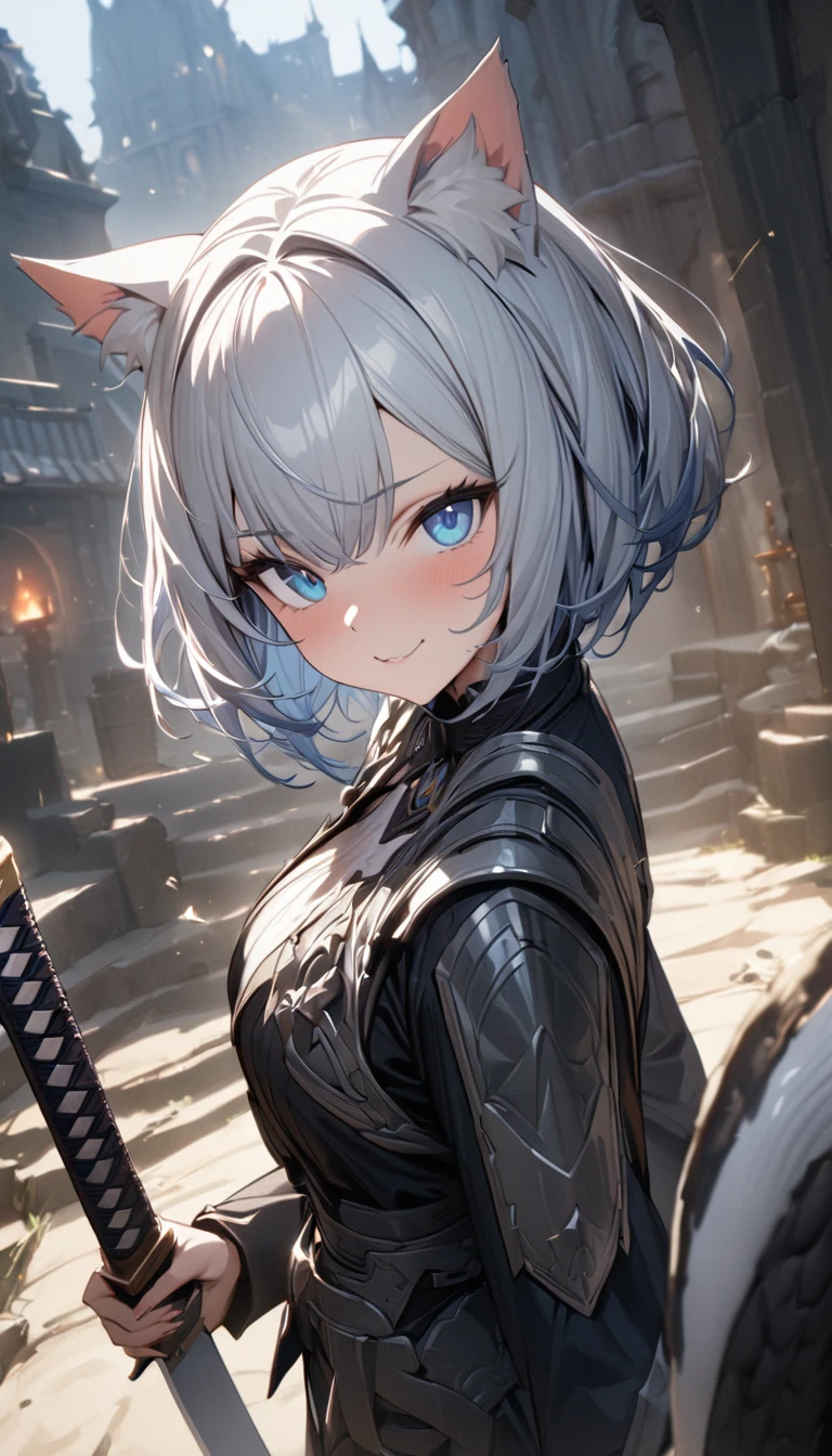 eel、Big eel、1girl、(((best quality)), ((masterpiece)), (details), masterpiece, best quality, high quality, ulutra detailed, perfect face, ((1girl, Blue eyes, cat ears: 1.3 silver bob hair: 2.5,))、Shiny Hair、Glowing Skin、Happy face、Lustful look、Crusade、Battle、Japanese sword、