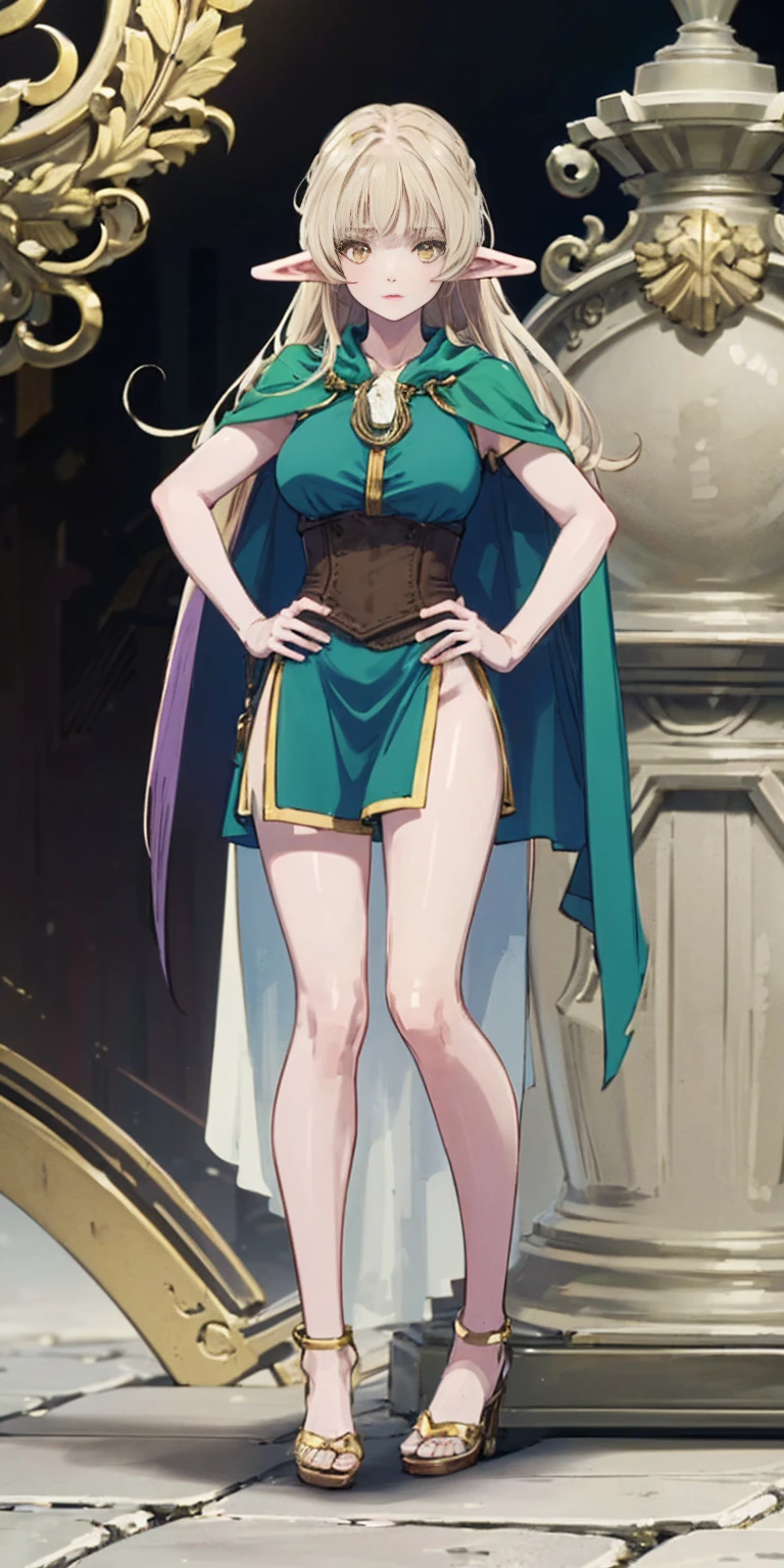 masterpiece, best quality, high quality, elf, long hair, pale hair, yellow eyes, purple skin, deep blue cape with golden ornaments (1solofemale full body standing straight symmetrical, hands on hips) slave with stocks