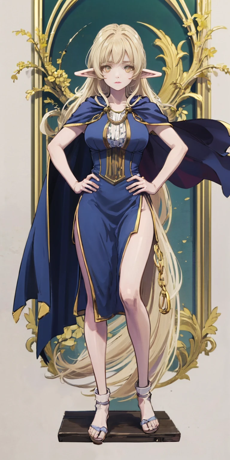 masterpiece, best quality, high quality, elf, long hair, pale hair, yellow eyes, purple skin, deep blue cape with golden ornaments (1solofemale full body standing straight symmetrical, hands on hips) slave with stocks