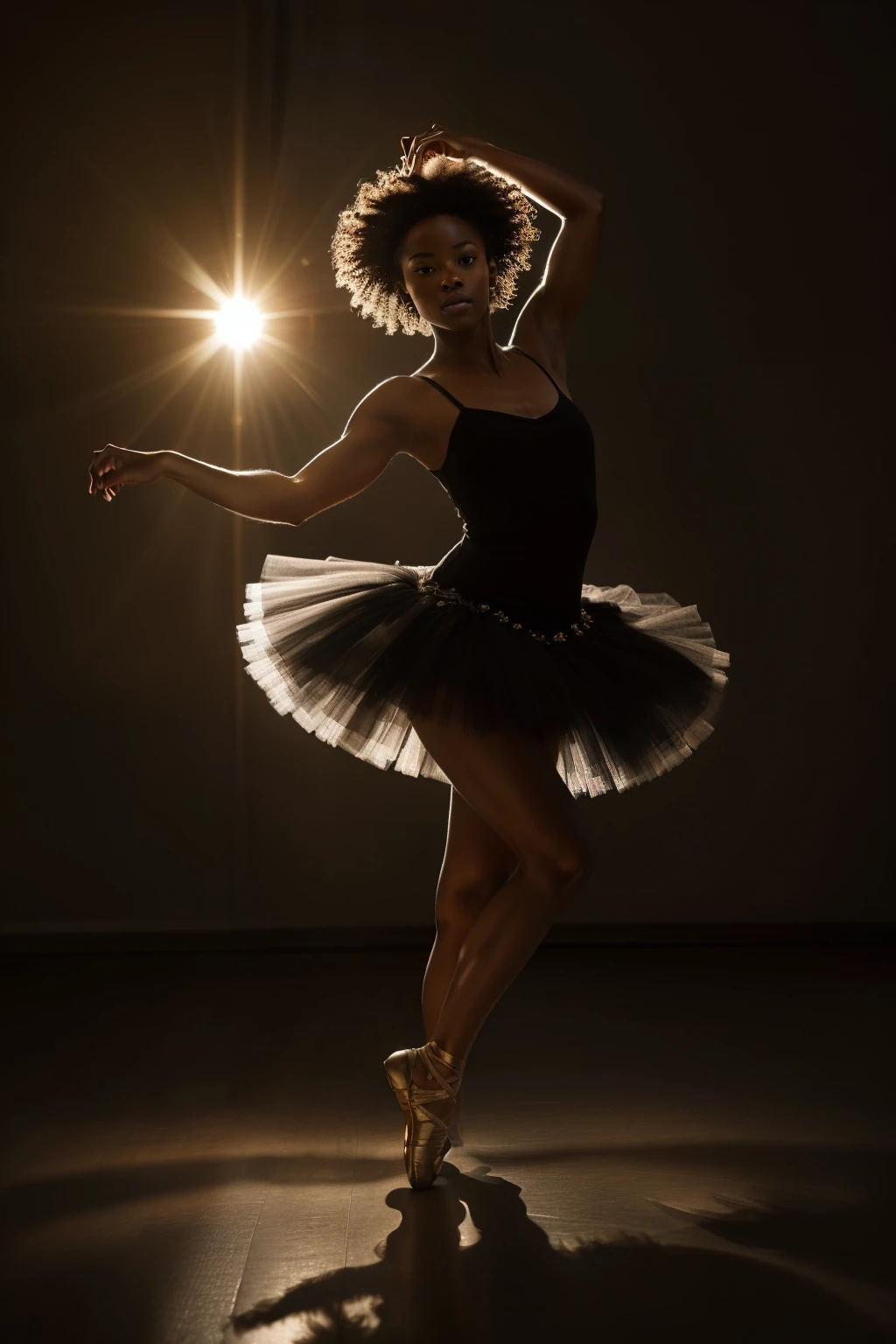 In this 32k, ultra HD, hyper-realistic black and white image, a radiant black woman ballerina gracefully dances amidst a vibrant field of colorful sunflowers. The sunflowers, bathed in a warm hue, stand out in stark contrast to the monochrome backdrop, creating a captivating cinematic scene. The sunlight casts a beautiful low light, illuminating the ballet dancer's agile movements and the intricate details of her tutu. Her exquisite curls and expressive face are skillfully captured, showcasing the grace and elegance of the black woman ballerina, making this image a true masterpiece