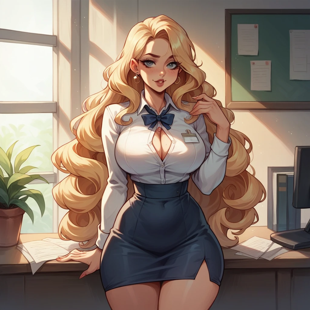 Beautiful woman 25 years old, not very high, long curly light blonde hair, Thin waist, big tits, well-shaped and large hips. She wears a secretary uniform, walk in the office