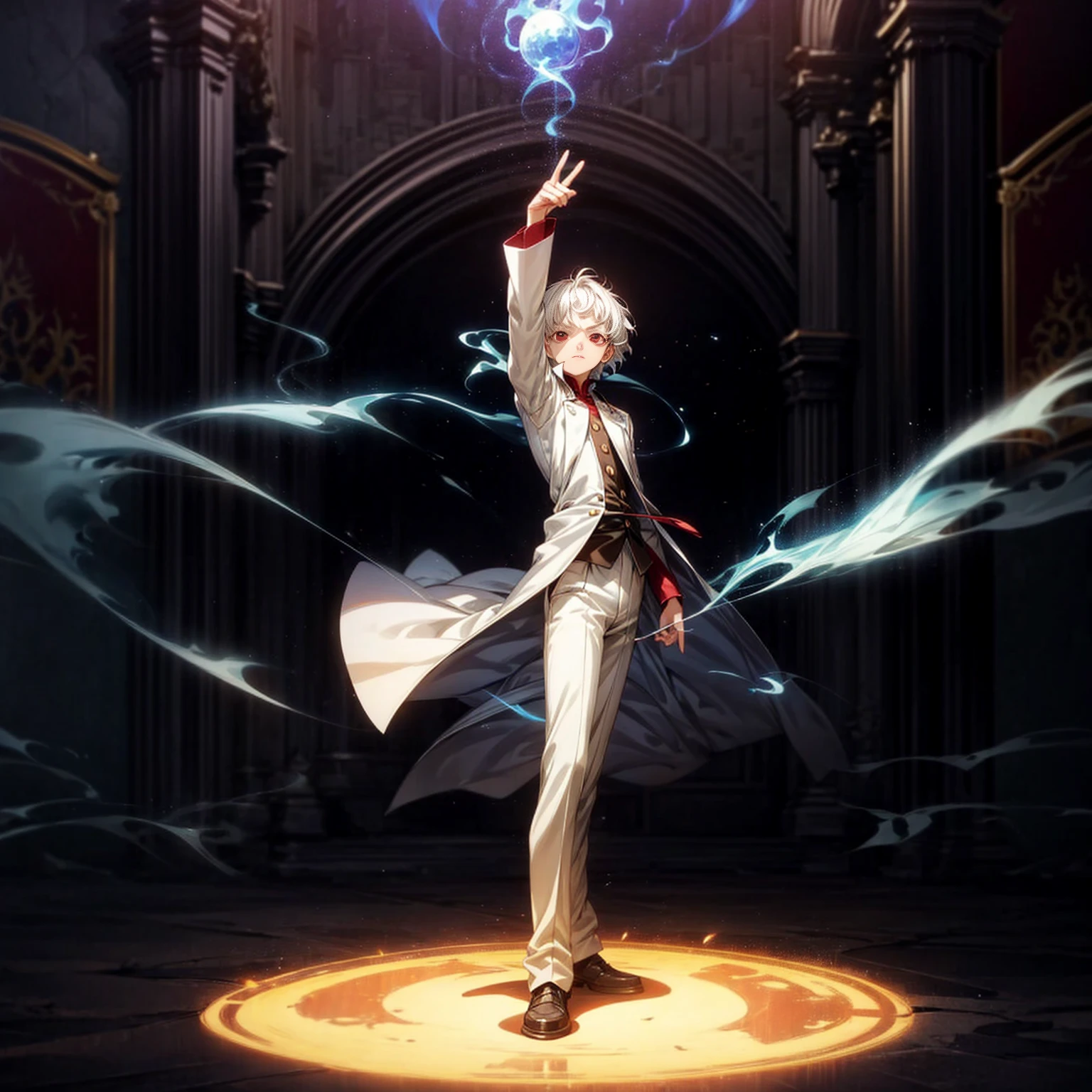 Solo, ??? vampire, ??? boy, Full body version, light red eyes, wavy haircut, white color hair, suit style outfit, Grassroots, full background indoor room Castle, motion blur, lighting, (one piece style art), light fire on hand, light fire in hand, standing gesture, light fire blue, smoke effect, plasma effect, aura effect, evening, ultra detailed 