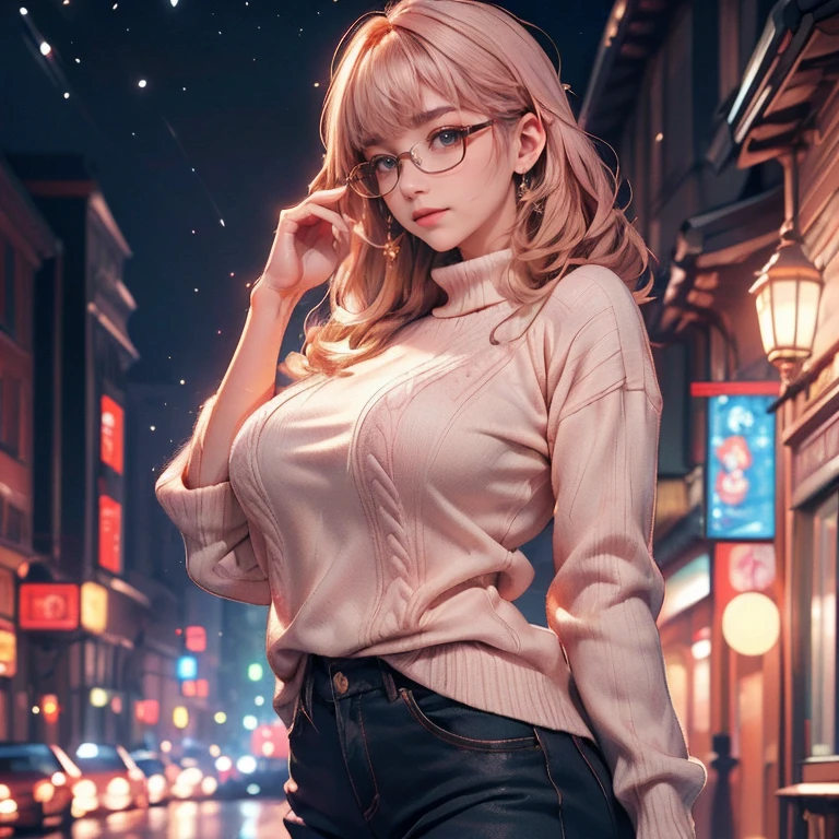 Anime Kawaii sexy Perfect Slim sensual body large breast and huge thighs, An intricate and highly detailed illustration of anime (Young girl). (breathtaking mature beauty,intellectual and elegant,luminous pink sweater,chestnut hair,(best qualityer,work of art:1.2),full - length photo,perfect figure,wearing glasses,Very clean,exquisite facial features,ultra detali,bokeh)