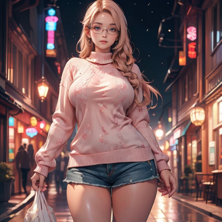 Anime Kawaii sexy Perfect Slim sensual body large breast and huge thighs, An intricate and highly detailed illustration of anime ( girl). (breathtaking mature beauty,intellectual and elegant,luminous pink sweater,chestnut hair,(best qualityer,work of art:1.2),full - length photo,perfect figure,wearing glasses,Very clean,exquisite facial features,ultra detali,bokeh)