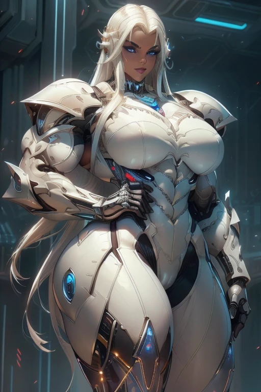 ((Close-up)), tall, (White hair) beautiful muscular woman, long straight hair, light brown skinned, closed smile, (black lipstick), (massive muscles), (hyper muscle), (ginormous bulky muscles), glowing blue eyes, ((full white cybernetic suit of armor)), (cybernetic pants), choker, boots, in a neon city,