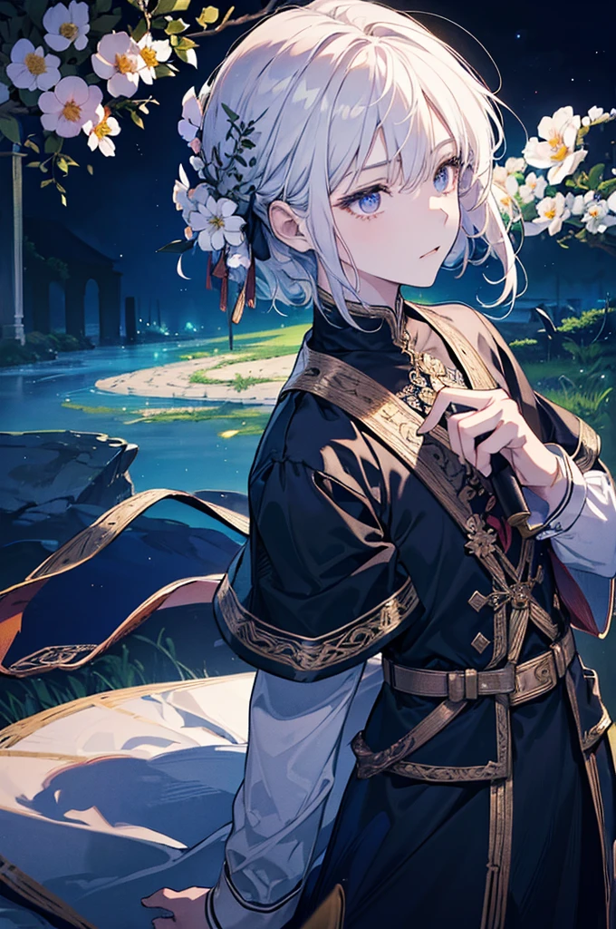 (Highest quality,High resolution,The image is clear，Garden scenery，:1.2),The youth，The only person，Ultra-detailed backgrounds,Beautiful ager standing with a folding fan，Priest-style clothing，Short Hair，night，Garden scenery,Under the moonlight,Starry Sky，golden and white Clothes，Shrine-style architecture，Romantic atmosphere,，Dutch Angle Shot,Gentle soft lighting,Upper body portrait，Noble Priest，Eye focus，Sharp Eyes，Overall, it&#39;s brilliant