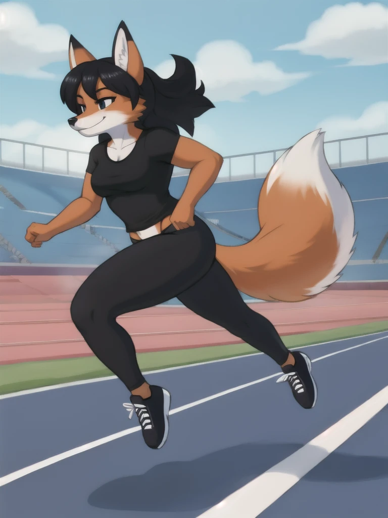 Furry, fox, female, black shirt, black leggings, shoes, running track, solo, full body