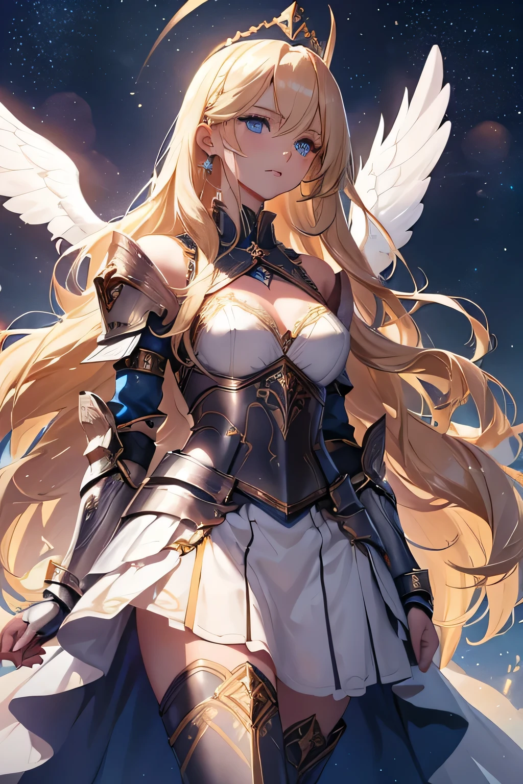 woman, long hair, blonde hair, blue eyes, wears armor, underneath the armor she wears a skirt that reaches close to her knees, and on her legs armor goes up to the skirt, on the arms she wears only bracelets, wears a tiara with two angel wings, white dress with blue outlines, the setting is a starry sky