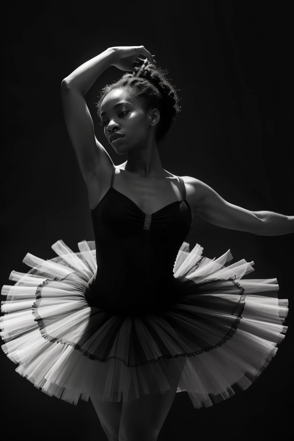 In this 32k, ultra HD, hyper-realistic black and white image, a radiant black woman ballerina gracefully dances amidst a vibrant field of colorful sunflowers. The sunflowers, bathed in a warm hue, stand out in stark contrast to the monochrome backdrop, creating a captivating cinematic scene. The sunlight casts a beautiful low light, illuminating the ballet dancer's agile movements and the intricate details of her tutu. Her exquisite curls and expressive face are skillfully captured, showcasing the grace and elegance of the black woman ballerina, making this image a true masterpiece