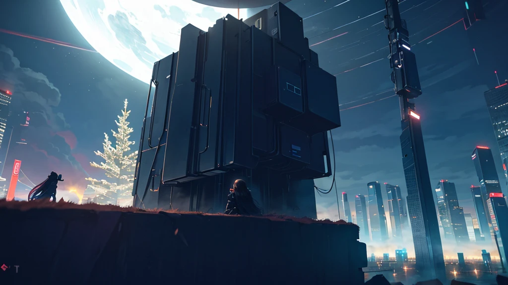 Octane, null, star (null), scenery, starry null, night, One girl, night null, alone, Outdoor, building, cloud, milky way, Sitting, wood, Long Hair, city, cityscape, Highest quality, 8k,lofi,summer,buzzer,firework
