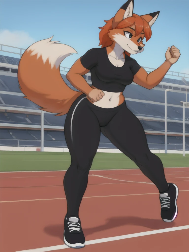 Furry, fox, female, black shirt, black leggings, shoes, running track, solo, full body