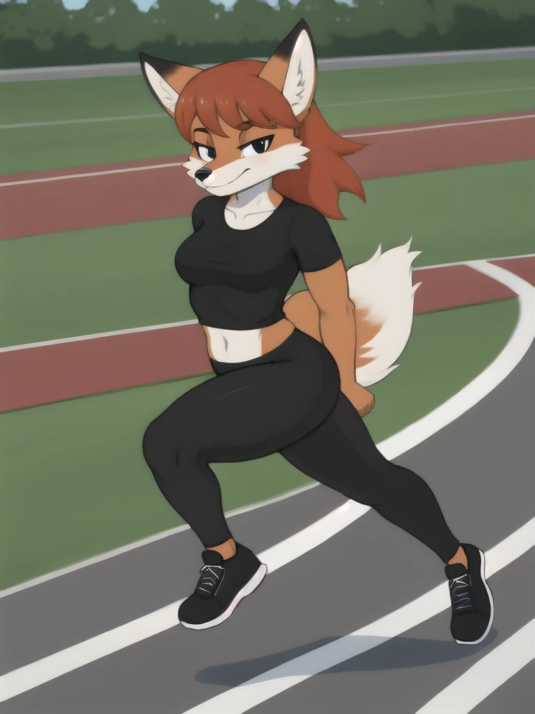 Furry, fox, female, black shirt, black leggings, shoes, running track, solo, full body