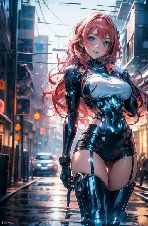 Anime Kawaii sexy Perfect Slim sensual body large breast and huge thighs, An intricate and highly detailed illustration of anime (Young girl). work of art , Kizi ,breasts big. very long red hair , ((shining blue eyes)) , declive , perfect figure , ( technological clothing:1.2) , cyber punk , Prepare your weapon?.future , moderno , in cyber punk city, drlight smile , face detailed ,, , (8k, 最high qualiy 1.2), very detailled, 8k uhd,, soft lighting, high qualiy, film grain, beautiful lighting,, (cinematic:1.4) ,perfectbody , better lighting, best shade, sharpening, sharp contrast,