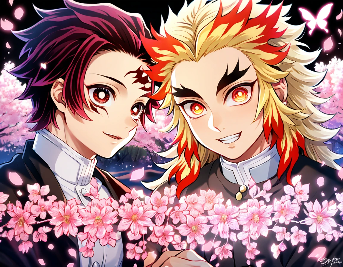absurdres, highres, ultra detailed, HDR, master piece, best quality, extremely detailed, Kamado Tanjirou, red burgundy hair, expressive red eyes, Kimetsu No Yaiba, Rengoku Kyojuro, blonde hair, expressive orange eyes, two sexy men together, yaoi, gay couple, handsome, smile, demon slayer uniform, fantasy, magical, sparkling, pink glittering fireflies, pink ice, pink ice butterflies, pink ice petals, pink ice cherry blossoms, pink crystal