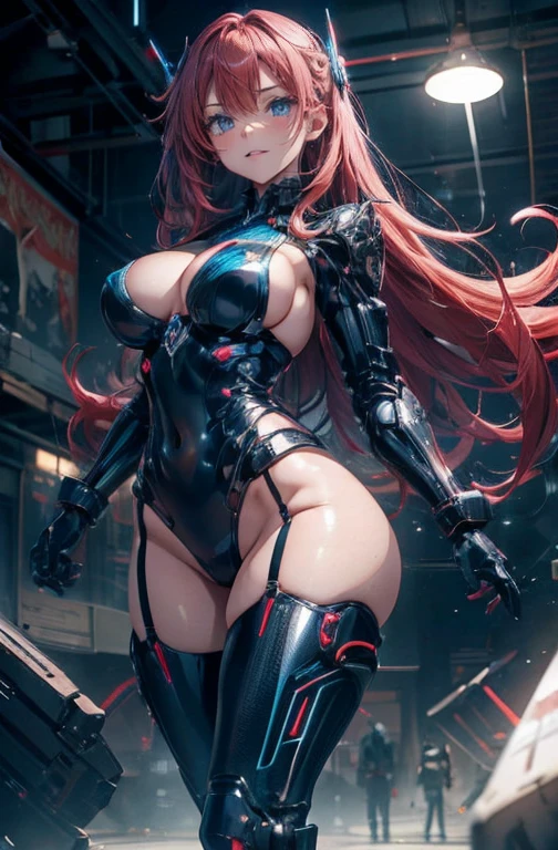 Anime Kawaii sexy Perfect Slim sensual body large breast and huge thighs, An intricate and highly detailed illustration of anime (Young girl). work of art , Kizi ,breasts big. very long red hair , ((shining blue eyes)) , declive , perfect figure , ( technological clothing:1.2) , cyber punk , Prepare your weapon?.future , moderno , in cyber punk city, drlight smile , face detailed ,, , (8k, 最high qualiy 1.2), very detailled, 8k uhd,, soft lighting, high qualiy, film grain, beautiful lighting,, (cinematic:1.4) ,perfectbody , better lighting, best shade, sharpening, sharp contrast,