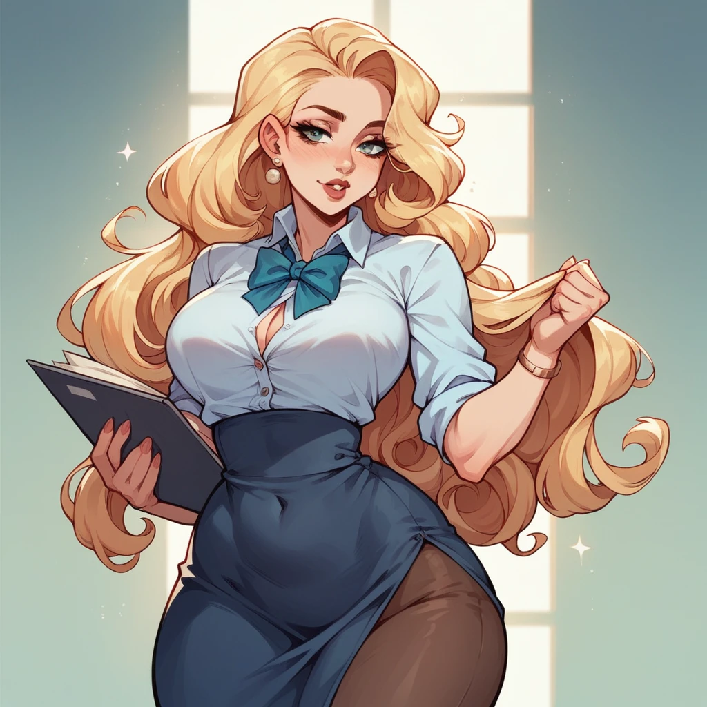 Beautiful woman 25 years old, not very high, long curly light blonde hair, Thin waist, big tits, well-shaped and large hips. She wears a secretary uniform, walks in the office carrying some files