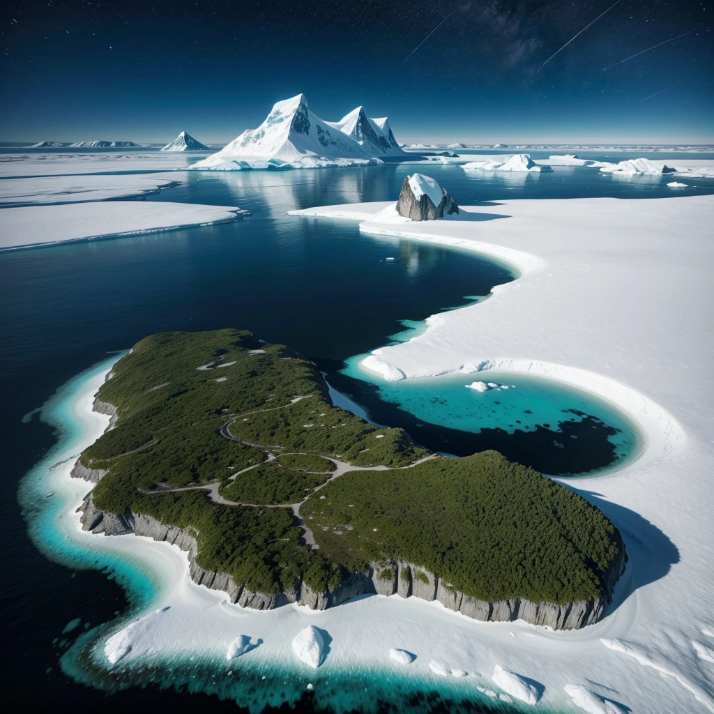 Create an image of a simple, futuristic city located in the Antarctic archipelago without any ice, meaning there is no ice, and the city uses renewable energy in the year 2.500, women of various ethnicities wear short, light clothes because of the heat and men wear simple clothes, the Antarctic archipelago has many vegetation without any ice due to the heat of the tropical climate, the language is Brazilian Portuguese in this city, create the most realistic city possible.