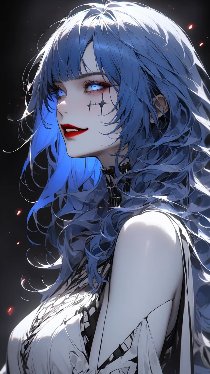 best quality、masterpiece、1 girl、black background、Blue Hair:1.5、blue eyes、Red lips, White clothes、Black and white world、Black and white world、Pale skin、Evil smile，(whole body:1.5)，From head to toe，best quality, high resolution，Side view