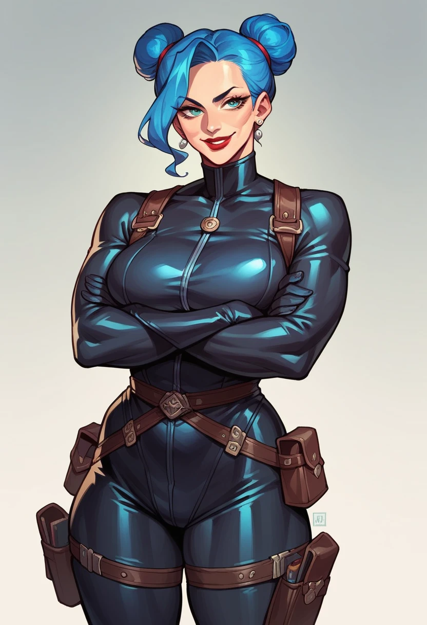 beautyfull woman, blue buns hair, blue hair, black catsuit, holsters, adult, milf, crossed hands, smile, red lipstick
