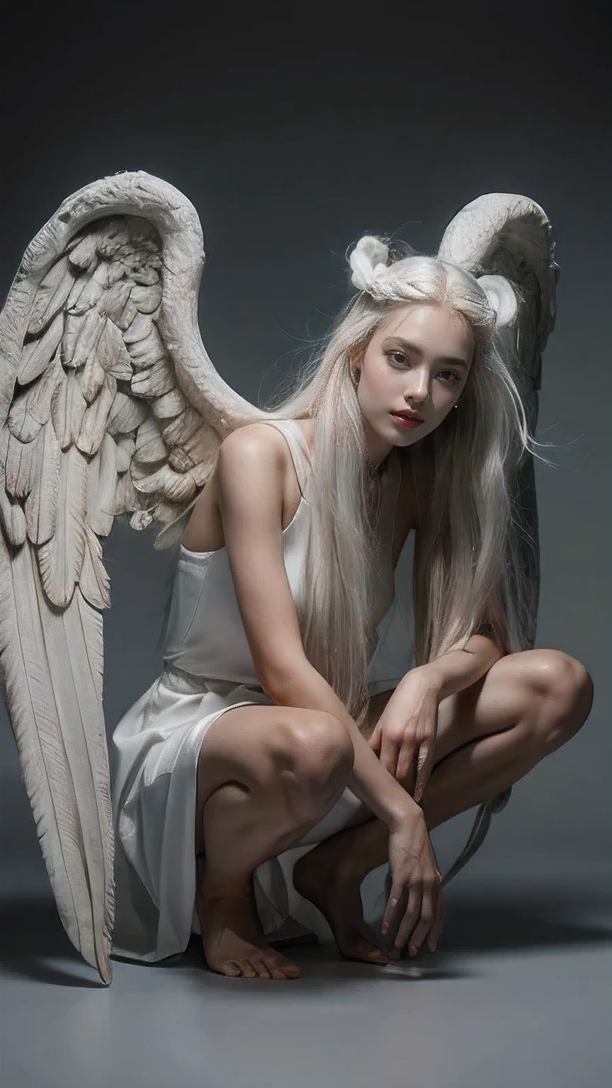 “A highly detailed close-up, 21yo girl of an angel with a modern twist. The angel has long, flowing white hair and large, intricately carved large wings,wear a white cloth. She is crouched down on a gray background, exuding a sense of calm and contemplation. Her expression is serene yet slightly melancholic. Enhancing the ethereal and slightly rebellious atmosphere of the scene.”