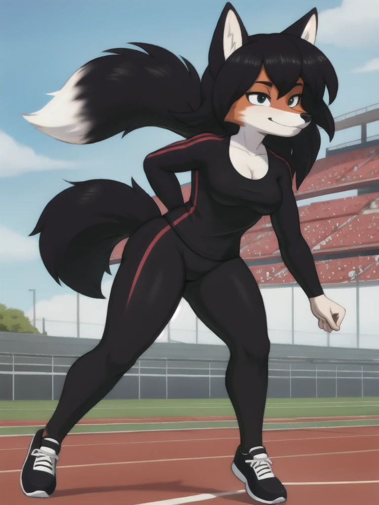 Furry, fox, female, black shirt, black leggings, shoes, running track, solo, full body