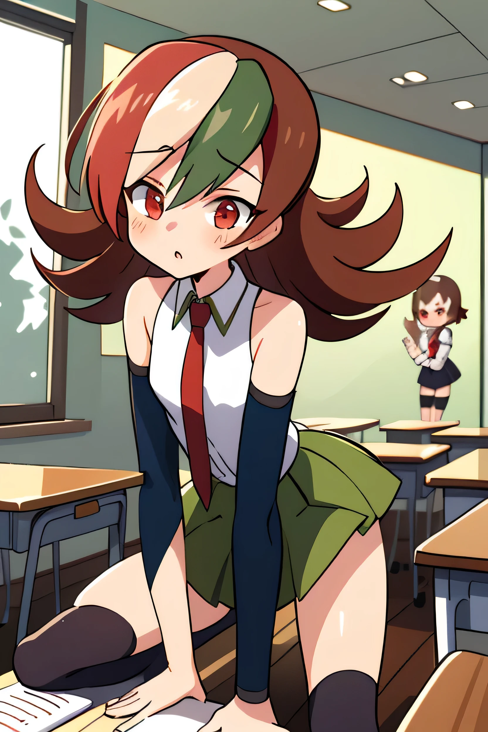 core_9、score_8_up、score_7_up、score_6_up、score_5_up、score_4_up、masterpiece、Highest quality、BREAK、 One girl、Dyed bangs、 Multicolored Hair、Two-tone hair、tie、Brown Hair、Red eyes、skirt、Mid-chest、Removable sleeves、Green Hair、Exposing shoulders、indoor、classroom、1 girl、sexy、erotic、Dynamic pose 、 Rhinoceros Cypress、Dyed bangs、Two-tone hair、Thigh-high socks、tie、Removable sleeves、