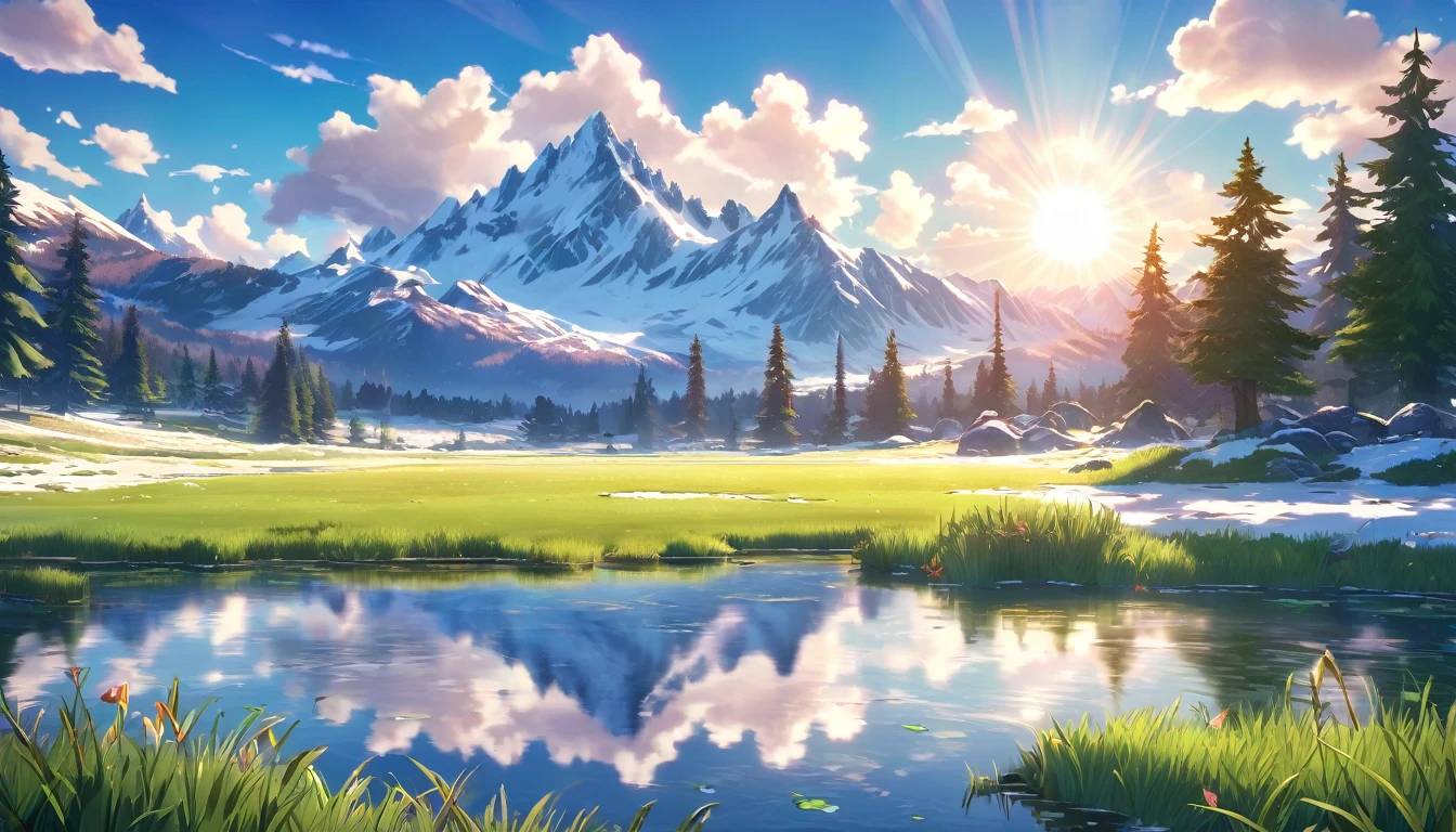 a beautiful serene grassy meadow with a small pond, snow-covered mountains in the background, anime style, digital painting, highly detailed, 8k, photorealistic, cinematic lighting, vibrant colors, glowing sunlight, lush vegetation, detailed reflections in the pond, soft clouds in the sky, snow-capped peaks, magical atmosphere