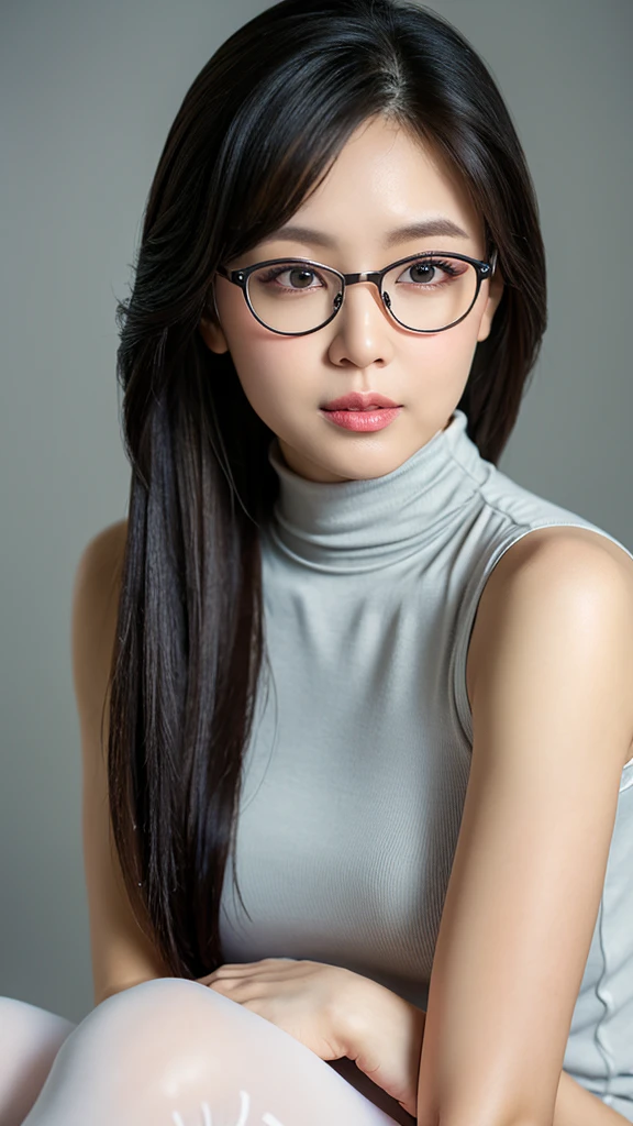 (Detailed face),((between legs)),Round Glasses,Normal chest,cute,Sleeveless and(turtleneck)White silky clothes,4K,Ultra-high resolution,（Photorealistic：1.7）,Gray background,Long black hair,