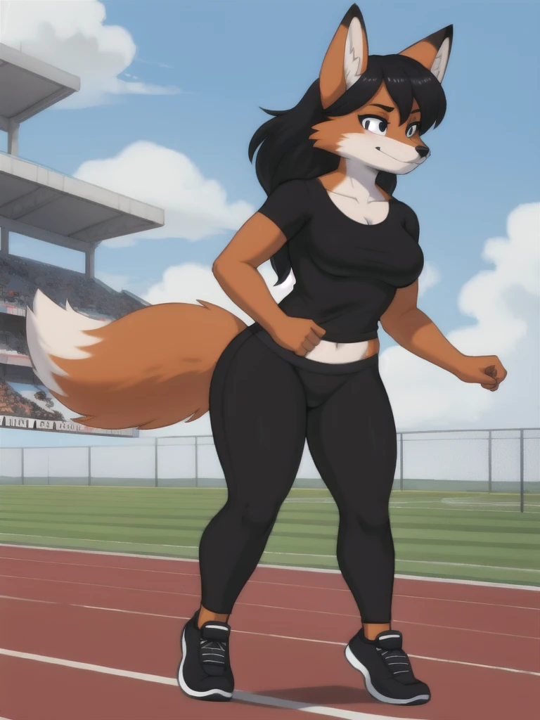 Furry, fox, female, black shirt, black leggings, shoes, running track, solo, full body