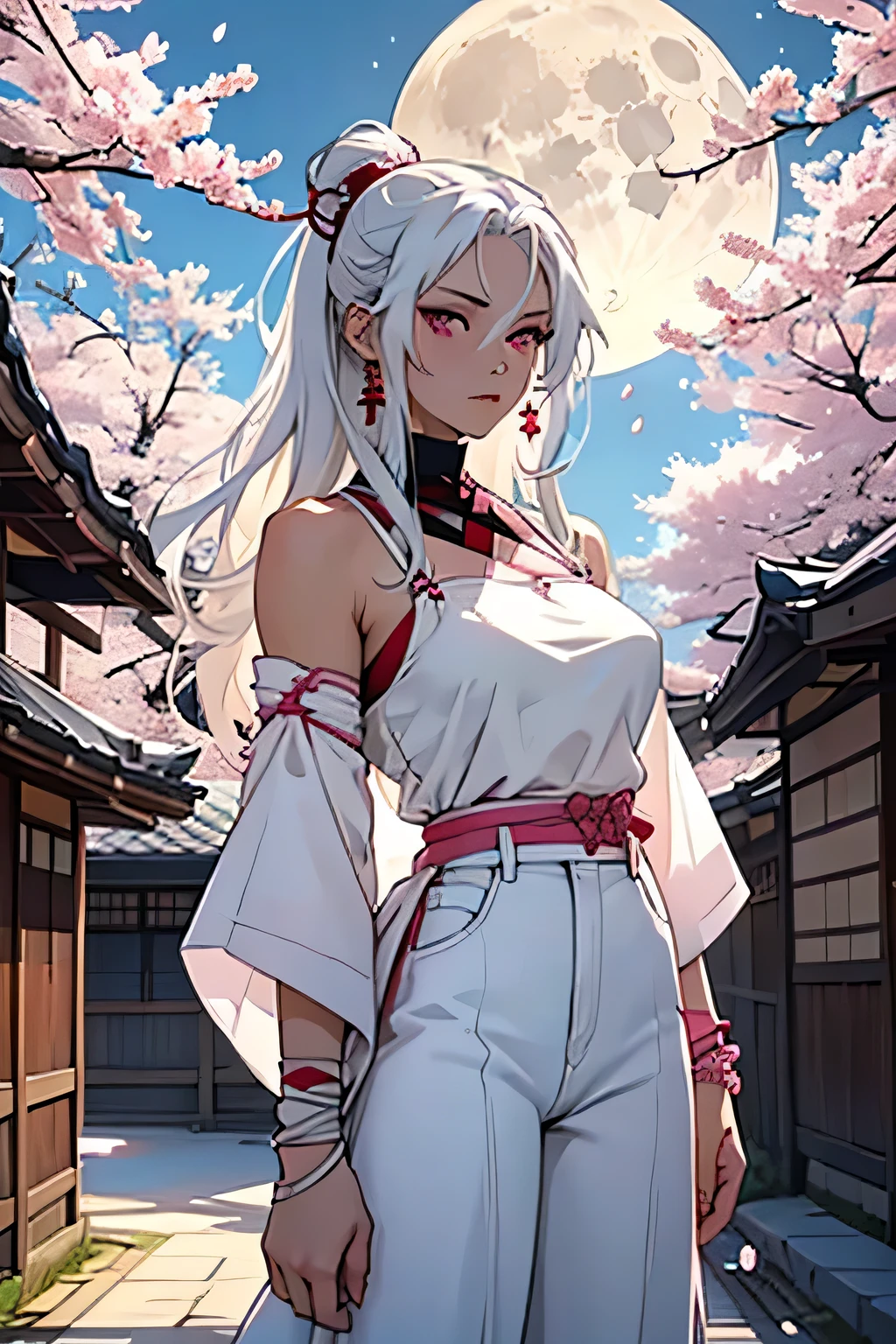 woman, long hair, white hair, pink eyes, wears a traditional Japanese bra, her pants are white, on her top she doesn't use anything just bandages to cover herself, on her right arm she wears bracelets , scenery and a moon with cherry blossoms over it