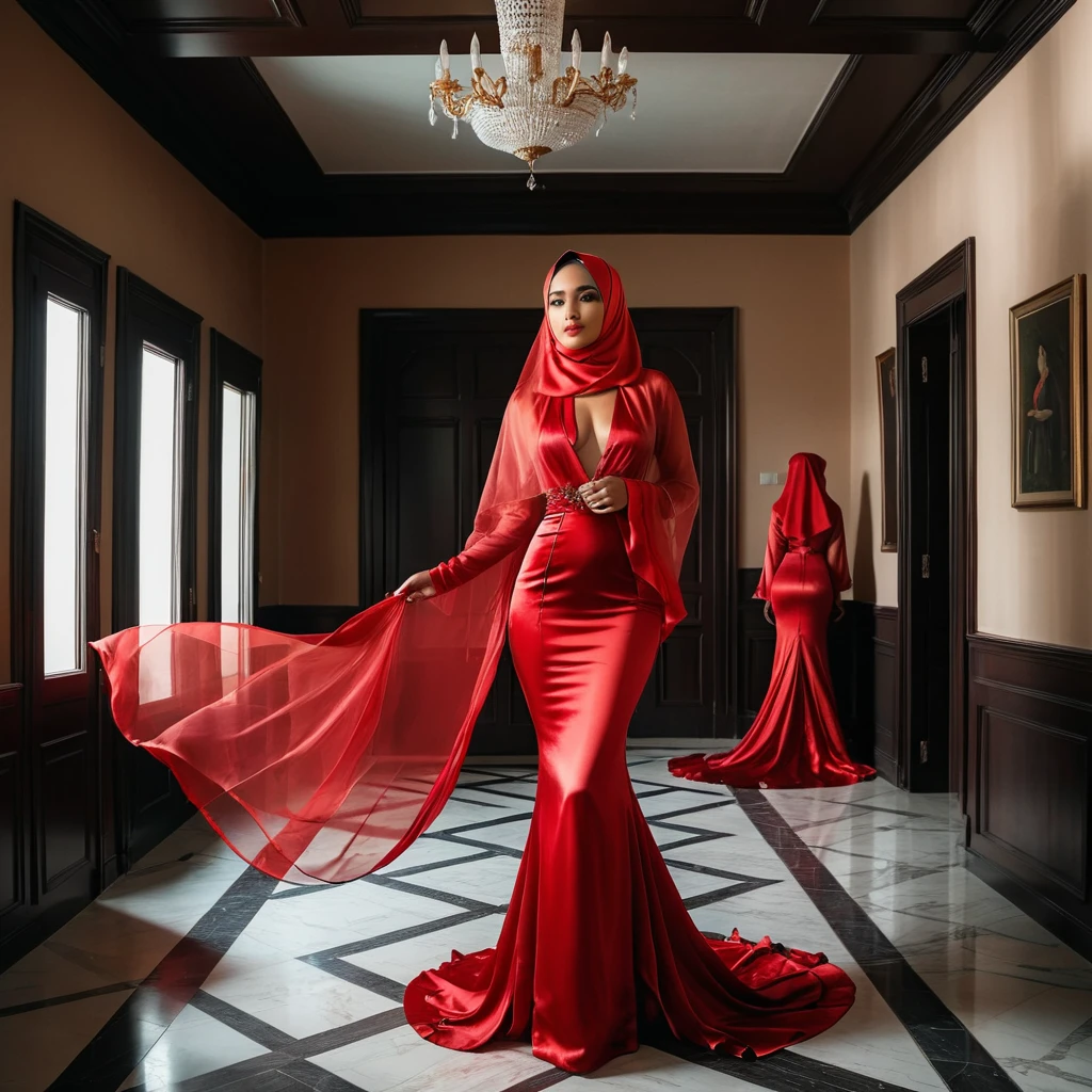 a woman in the translucent silk red gown, wear outer bolero, satin sheet, nipple on with nipple piercing, wear modern hijab, full body, long satin, red satin mermaid tight long gown, flowy dramatic long gown, tall women, double long train dress ( 4 meter long ) ,in poor house, wear high heels, strugle to walk,having trouble with her gown, masterpice 