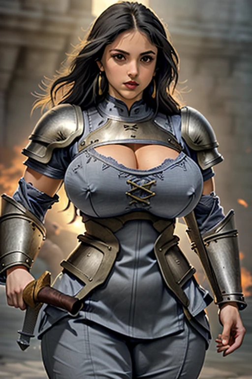 voluminous hair, big hair, big breasts, swordswoman,(fully clothed skintight), (black armor), woman , standing in an open battlefield holding sword, muscle, wearing edgbyz fashion, Gabby_Stallone