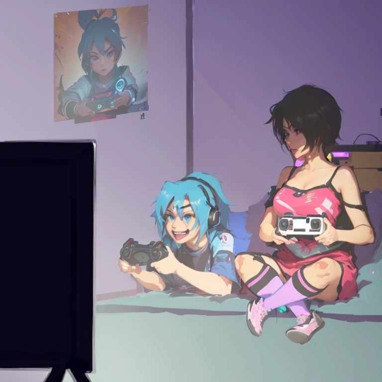 cartoon of a woman sitting on a sofa next to a television, fanart de videogame, Fan art of jogo 2D, Playing games, twins playing video games, videogame art, playing video games, video game style, video game still, 2 d game, in the art style of 80s anime, 2d art, 2d art, game art!!, video game style, videogame