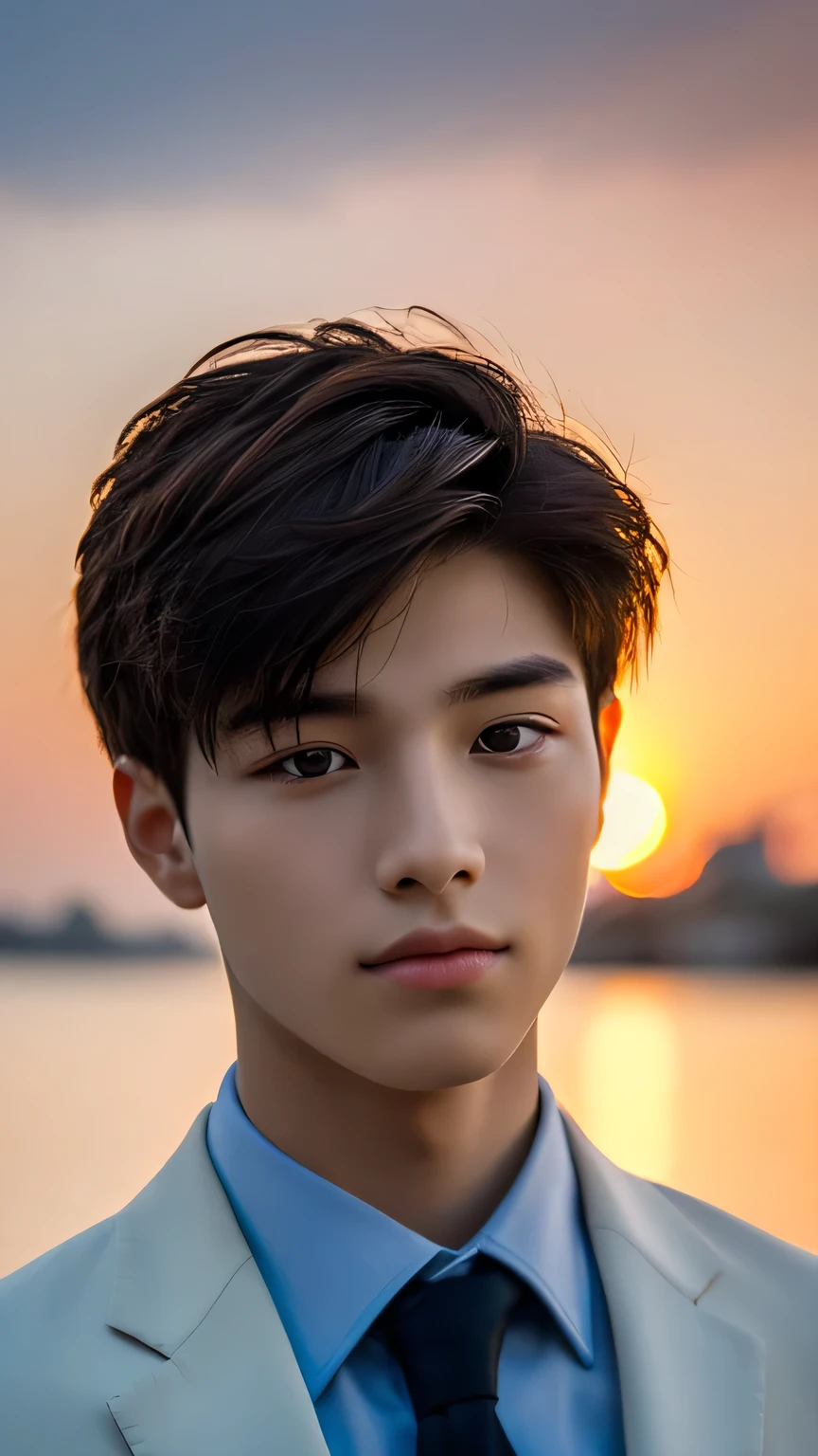 Highest quality, masterpiece, Ultra-high resolution, (Realistic: 1.4), Original photo, wallpaper, Head Photo, skin, Simple Background, Iris, detailed, Selfie, 1 boy, 18-year-old, good looking, Wind,suit、Sunset