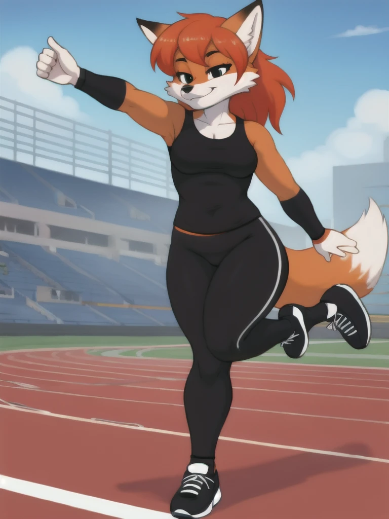 Furry, fox, female, black shirt, black leggings, shoes, running track, solo, full body