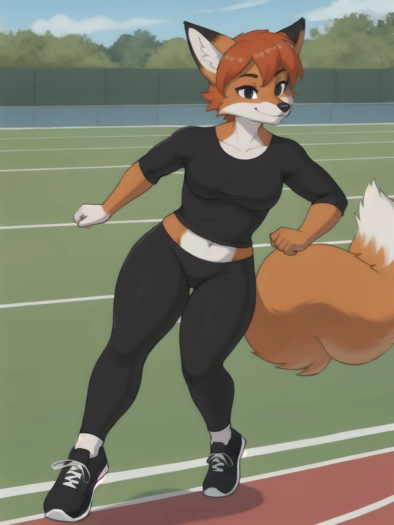 Furry, fox, female, black shirt, black leggings, shoes, running track, solo, full body