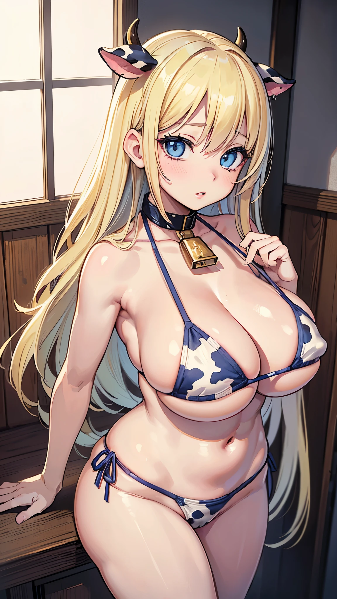 (masterpiece, 最high quality, 超High resolution, Very detailed), (Realistic:1.1, photoRealistic:1.4), Perfect illustration, Perfect lighting,Hair in perfect detail, Perfect and detailed face, Perfect collarbone, Perfect body,Juicy breasts, Perfect Thighs, Beautiful feet, View your viewers, 1 Girl,Perfect Face, (Perfect Anatomy, Anatomically correct), Symmetrical face、((Shiny Hair)),Sexy Body、(masterpiece),(最high quality:1.3),8k,Very clear,(Ultra-realistic),,Captivating woman,(high quality, High resolution, Fine details), Realisticなスタイルの女性,Juicy breasts、One perfect woman、Perfect Face、Symmetrical face、、((Big Boobs))、Cleavage、blush、((Juicy lips))、Cowboy Shot、(((Short blonde)))、((Big double blue eyes、Long eyelashes))、(((Cow print bikini)))、((Pornstar))、((Sexy Caucasian Woman))、(indoor、Cowshed)