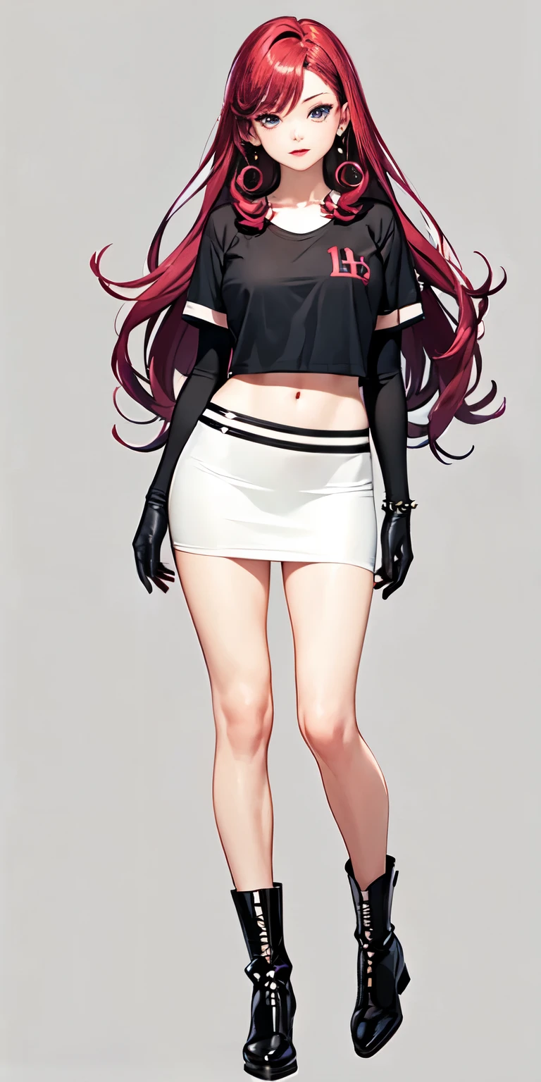 (Solo 1 mujer) Professional anime drawing, Dynamic view (front back mostly) full length, light-skinned female, 16 years old, symmetrical face, long curly magenta hair, blue eyes, crimson red lipstick, slim build and perfect figure, chest Firm and striking, he is approximately 1.65 meters tall, his usual attire consists of a tight white top with a red large R logo, underneath a cropped black T-shirt that reveals his belly button, long black boots and gloves, round colored stud earrings Green, White Tight Micro Skirt, Extremely Detailed Intricate Image