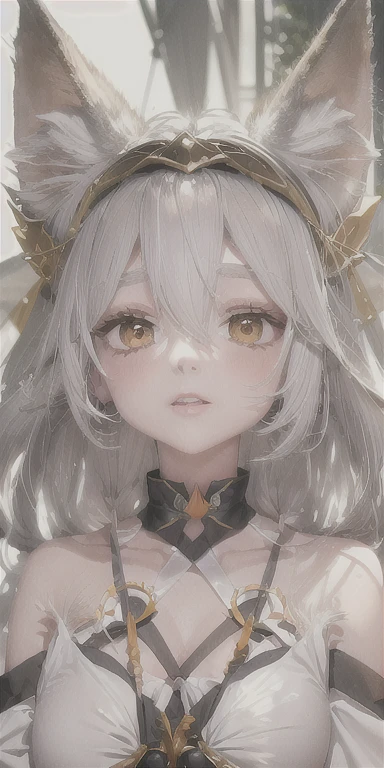 Highest quality, masterpiece,Gray Hair, Golden Eyes,White clothes, look up, Upper Body,hair,Fair skin,Side braid.Fox-eared witch,(Highest quality:1.2),shrine