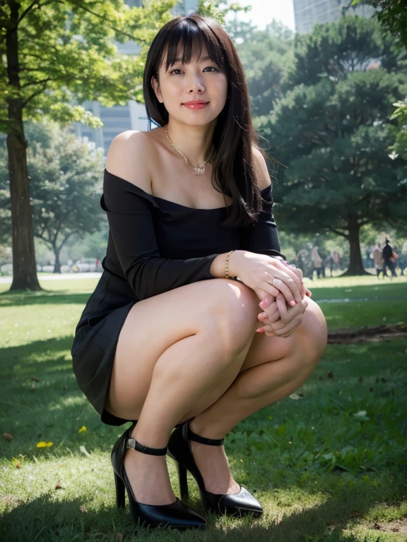 (RAW Photos:1.2), (Realistic:1.4),Beautiful detailed woman,非常にfine grainと顔, fine grain, Very detailed,High resolution, Very detailed,Highest quality,Unified,8k wallpaper,masterpiece,Highest quality,1 female,alone,rich,Whole Body Ezbian,Toned figure,;Foot meat,Tight waist,alone,(Dark yellow one-piece skirt,High heels),Jewelry Necklace 、Semi-long hair,smile,A dignified atmosphere,black eye,Realistic,Central Park , (Morning Park:1.1)