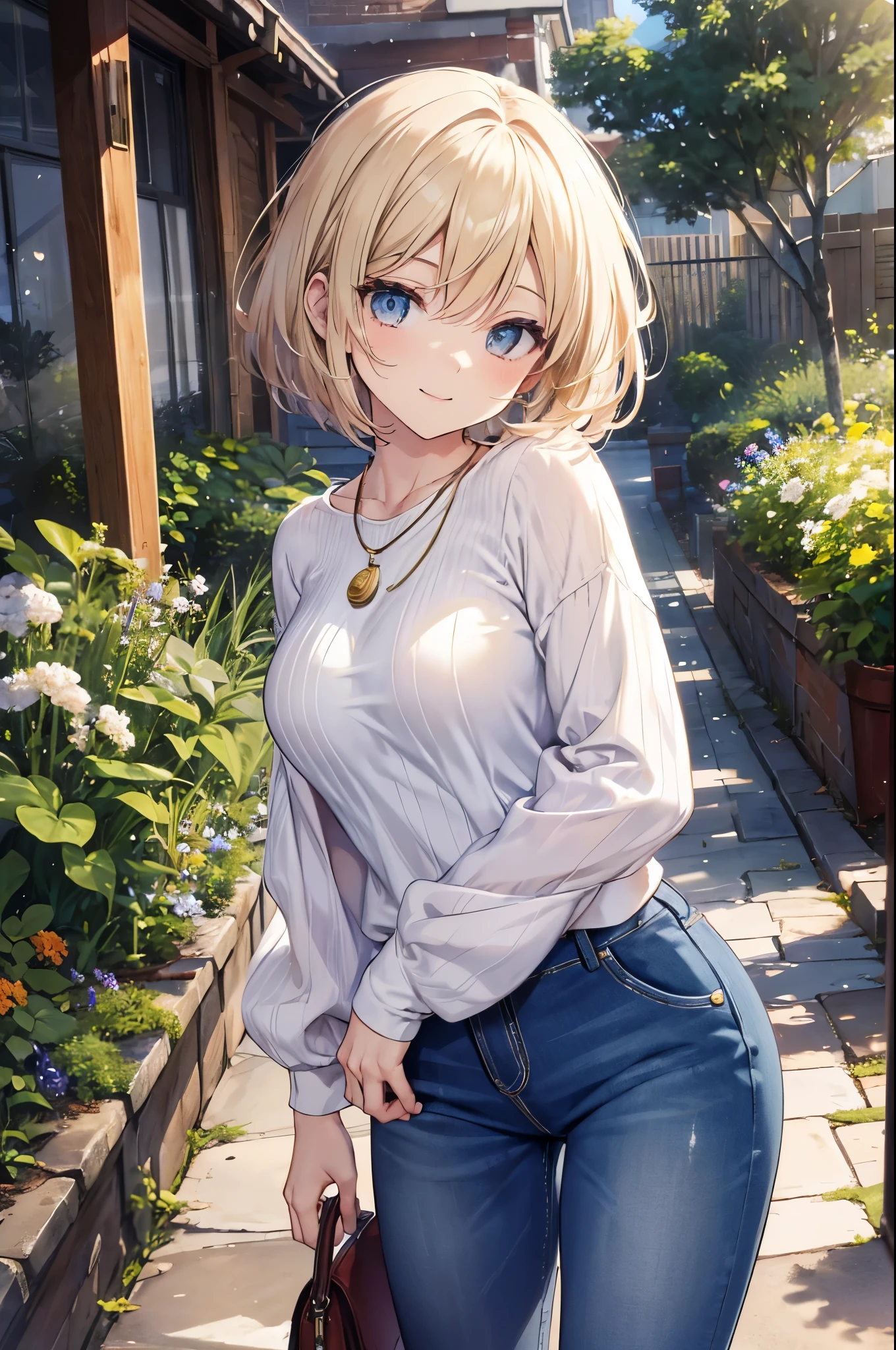 ((Fantasy Beige Hair Short Bob White knit green necklace Large Breasts)) ((garden Bathed in light splash sun Serene landscape)) (smile Flowing Hair Open your eyes a little) Denim pants Small Bag stylish beauty