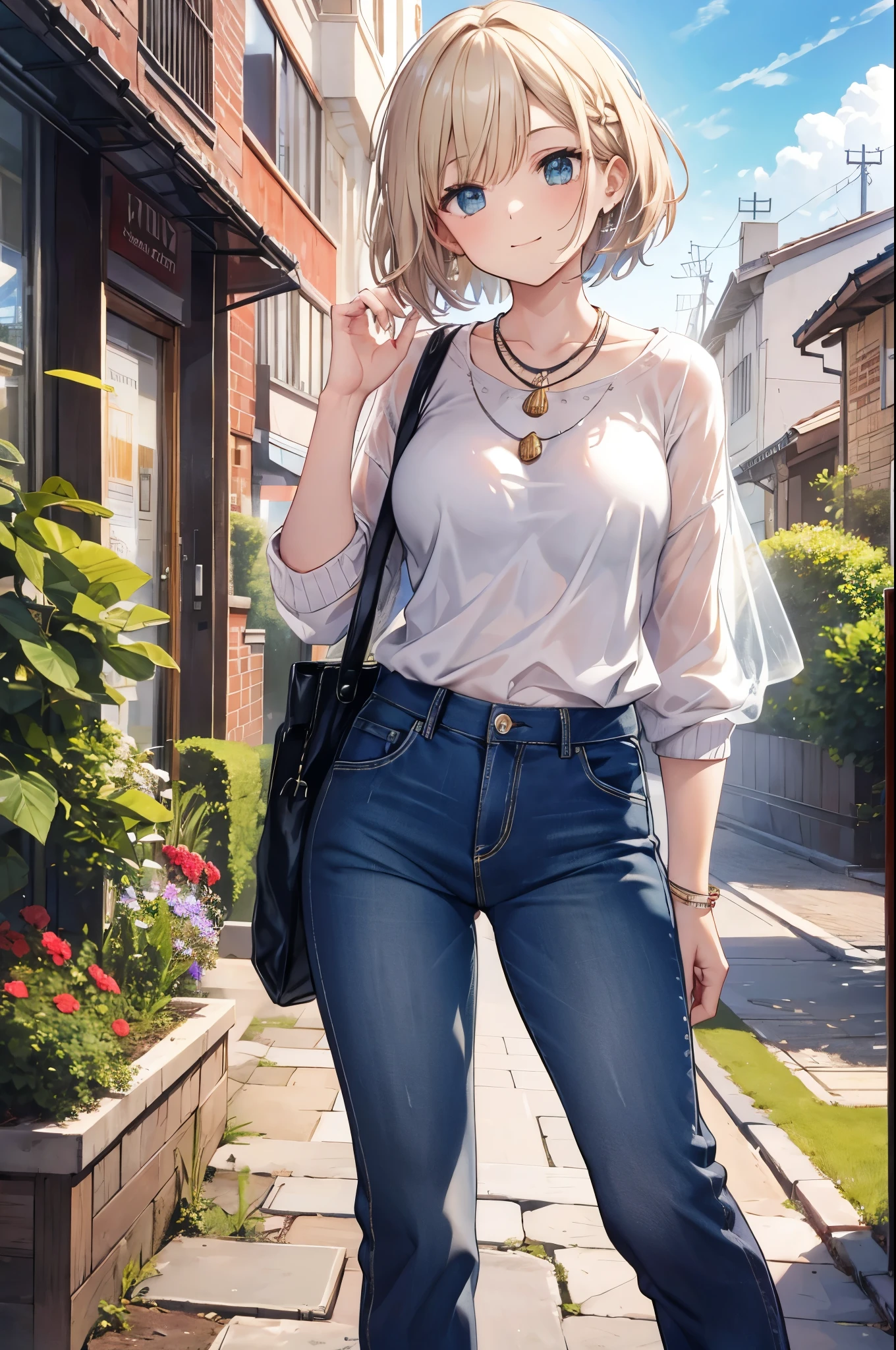 ((Fantasy　Beige Hair　Short Bob　White knit　green necklace　Large Breasts))　((garden　Bathed in light　splash　sun　Serene landscape))　(smile　Flowing Hair　Open your eyes a little)　Denim pants　Small Bag　stylish　beauty