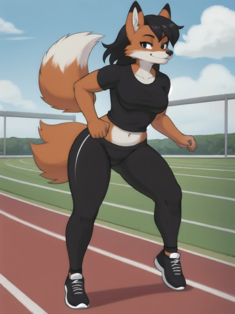 Furry, fox, female, black shirt, black leggings, shoes, running track, solo, full body