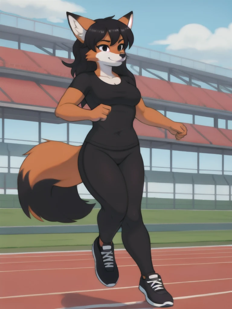 Furry, fox, female, black shirt, black leggings, shoes, running track, solo, full body