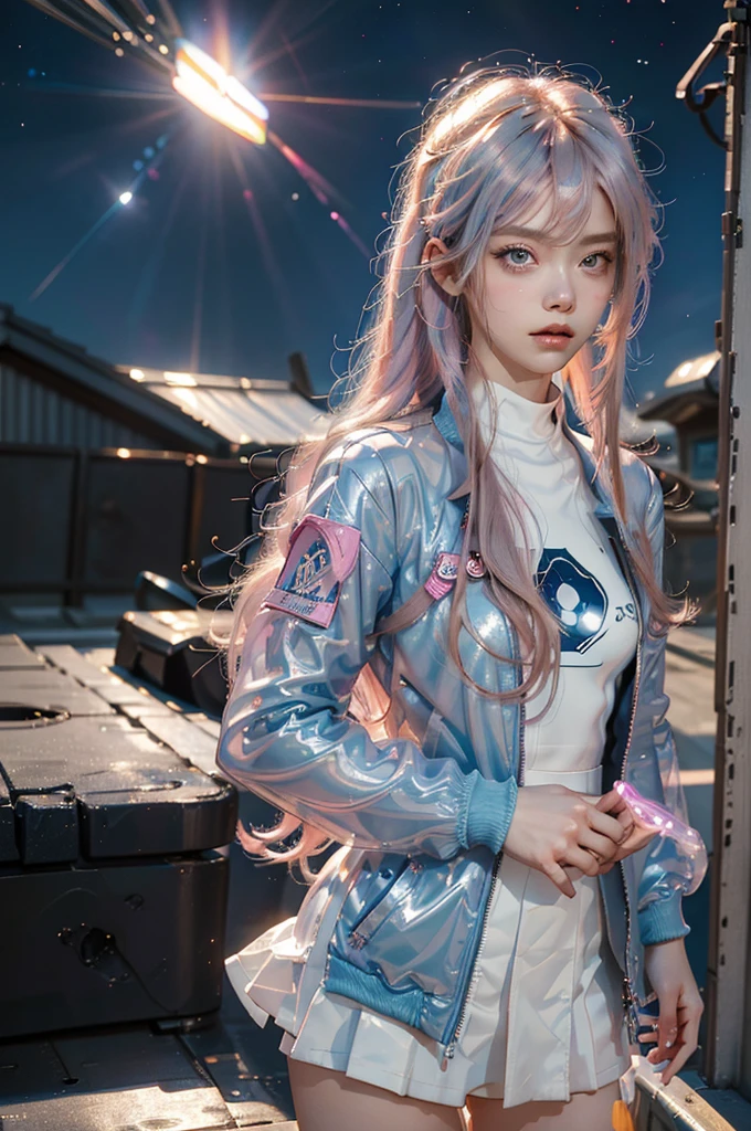 (La best quality,high resolution,Ultra Detailed,Practical),Souryu Asuka Langley is a doll with long pink hair， (Blue Jacket:1.4) , Silver pants, Animated Barbie, Blonde long hair anime girl, (Sugar Langley:1.4) ,(cabello azul Muneru Asuka Langley Blanc :1.4), 
(Tokyo alley background :1.4), 3D style anime, Anime vtuber full body model, Ilya Kuvshinov-Kon-Pelo-Lago, Anime girl with long pink hair, Rookie, Rendering of a cute 3D anime girl, More detailed 8K.Unreal Engine:1.4,HD,La best quality:1.4, lifelike:1.4, Texture:1.4, masterpiece:1.8,masterpiece, best quality,Object Object], (Detailed facial features:1.3),(Correct proportions),(Beautiful blue eyes),  (Cowboy pose), (Background of the Japanese Venus Station Laboratory :1.4), ,( Cyberpunk 2.1), (White kawaii style :1.4), (Finger details:1.4), (Perfect Anatomy 2.1 ), (Muneru Asuka Langley Blanc :1.4), (White transparent latex:1.4),( Venus Space Laboratory Background :1.4), (at night :1.4) 